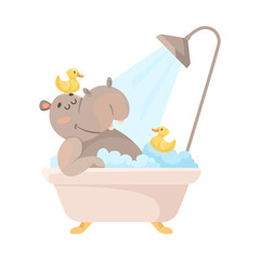 Hippo Character in Bathtub Bathing and Washing with Rubber Yellow Duck Follow Hygiene Rule Vector Illustration