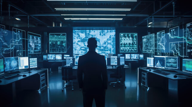 Back view of a businessman in a control room of a financial office. Generative AI