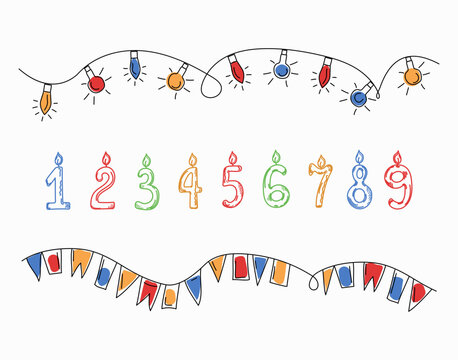 Flags and numbers with candles in doodle style. Happy birthday text, drawings, sketch. Holiday decorations. Vector illustration.