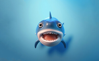 Adorable blue baby shark soft toy on blue background. Sweet childhood. Free copy space. Top view. Generative AI