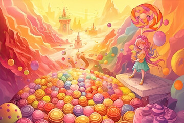Obraz na płótnie Canvas Illustration of a colorful land of sweets and fairies. Generative AI.