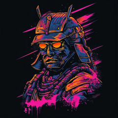 T-shirt print in neon with a drawing of a samurai from the future