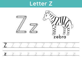 Alphabet ABC, a-z exercise. Coloring page. Trace letter Z. Vocabulary for coloring book. Cute zebra. Printable activity worksheet for children. Educational game. Vector illustration
