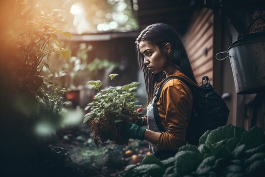 Urban Garden Guru: Portrait Of A Young Woman Gardening In An Urban Green Space. Generative AI
