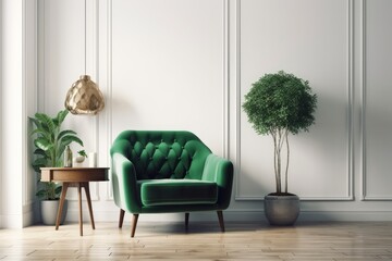 cozy living room featuring a green accent chair and a potted plant. Generative AI