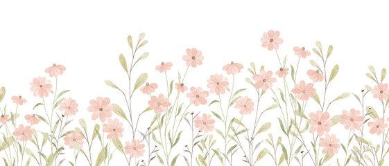 Floral summer horizontal pattern with daisies wildflowers. Watercolor hand drawn isolated illustration border, meadow or floral background for your design.