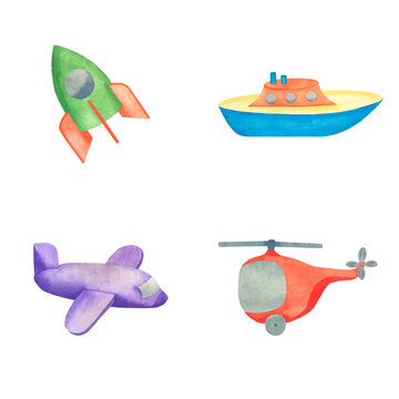 Kids toys. Watercolor illustration of a rocket, a boat, an airplane, a helicopter. Illustration for children.