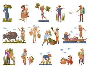 Asian Farmers in Straw Conical Hat Working on Field Big Vector Set
