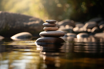 Obraz na płótnie Canvas Zen stones stacked on river meditation and zen concept. Balance and stability, relaxation and peace. Natural therapy contemplation theraphy. Ai generated