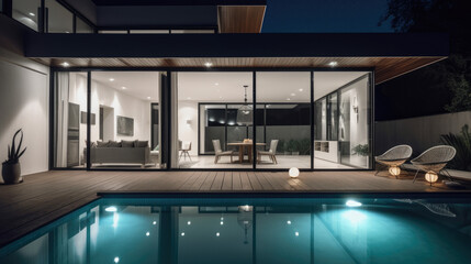 Fototapeta na wymiar Elegant Modern House Interior Design Outdoor Swimming Pool Generative AI 