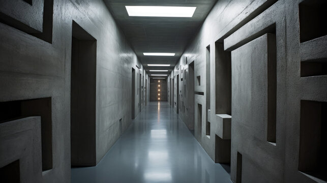 Abstract Design Modern Concrete Walls Hallway Room Generative AI	