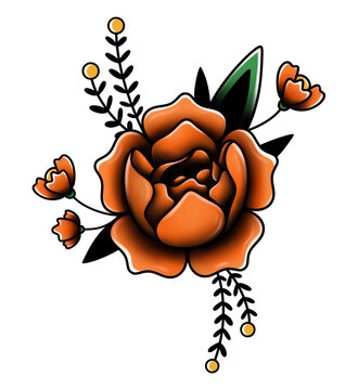 floral orange rose transparent traditional tattoo design element 