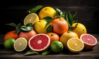  a pile of citrus fruits with leaves and lemons on a table.  generative ai