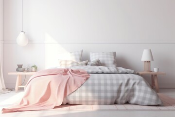 Fototapeta na wymiar cozy bed with a pink blanket. Generative AI