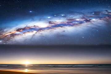 Fototapeta na wymiar The beauty of the nebula in the stunning sky, the beauty of the coastal shore, Generative AI