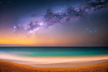 Obraz na płótnie Canvas The beauty of the nebula in the stunning sky, the beauty of the coastal shore, Generative AI