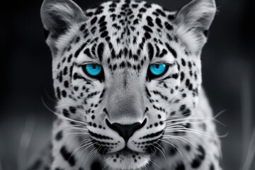 Naklejka na ściany i meble black and white portrait of a jaguar with blue eyes- made with generative ai