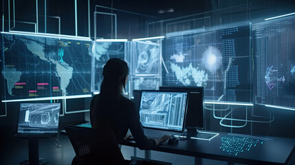Back view of a businesswoman in a control room of a financial office. Generative AI