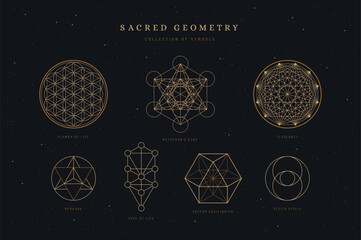 set / collection of sacred geometry symbols or icons, flower of life, metatron's cube, merkaba, tree of life, vesica piscis, vector equililbrium, and tesseract, spiritual / yoga design elements - obrazy, fototapety, plakaty