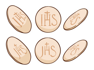 Holy communion bread with IHS and JHS monogram in cartoon style, Vector illustration