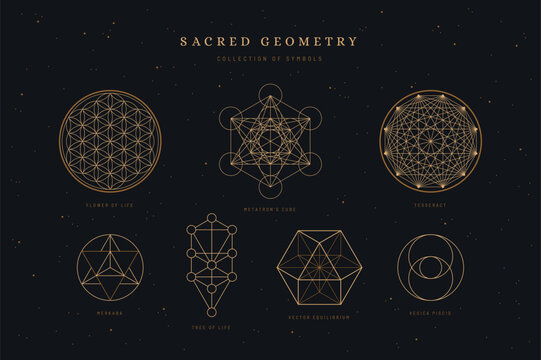 set / collection of sacred geometry symbols or icons, flower of life, metatron's cube, merkaba, tree of life, vesica piscis, vector equililbrium, and tesseract, spiritual / yoga design elements