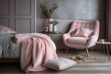 cozy bedroom with a pink chair and a comfortable bed. Generative AI