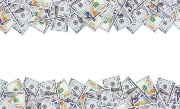 One hundred dollar banknotes as a frame isolated on transparent background