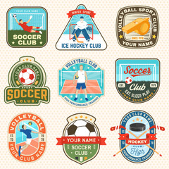 Naklejka premium Set of Volleyball club, Ice Hockey club and soccer club emblem, patch, sticker. Vector. For college league sport club emblem, sign, logo. Vintage label, sticker, patch with volleyball ball, player