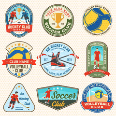 Set of Volleyball club, Ice Hockey club and soccer club emblem, patch, sticker. Vector. For college league sport club emblem, sign, logo. Vintage label, sticker, patch with volleyball ball, player