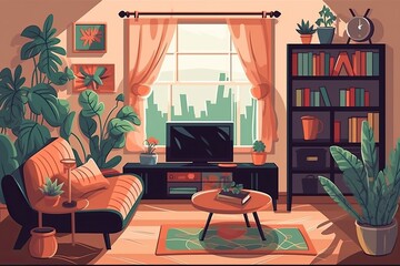 cozy living room with plants and comfortable furniture. Generative AI