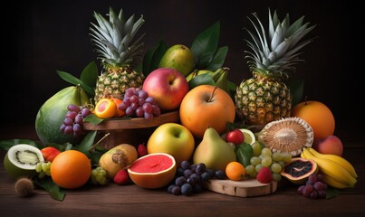 Naklejka na ściany i meble a pile of fruit sitting on top of a wooden table. generative ai
