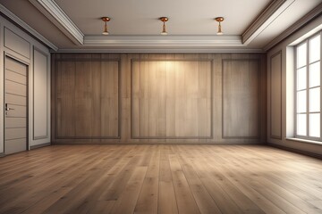 Illustration of an empty room with natural lighting and wooden flooring. Generative AI