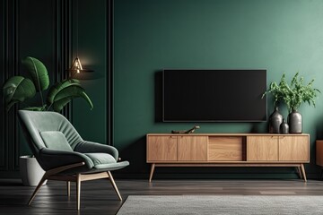 modern living room with green walls and furniture. Generative AI