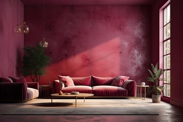 modern living room with bold red walls and matching furniture. Generative AI
