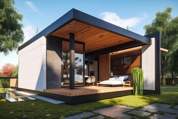 Obraz premium Small modern house ideas, contemporary house. Generative AI.