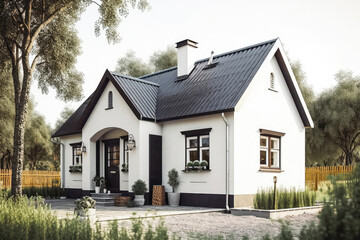 Fototapeta na wymiar Small classic house, white walls, grey roof. Generative AI.