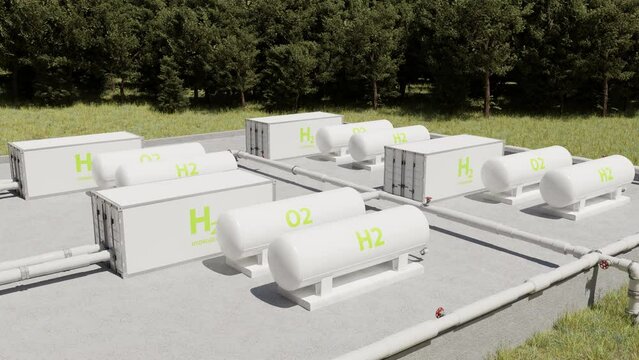 Hydrogen tanks and container in facility. 3D animation