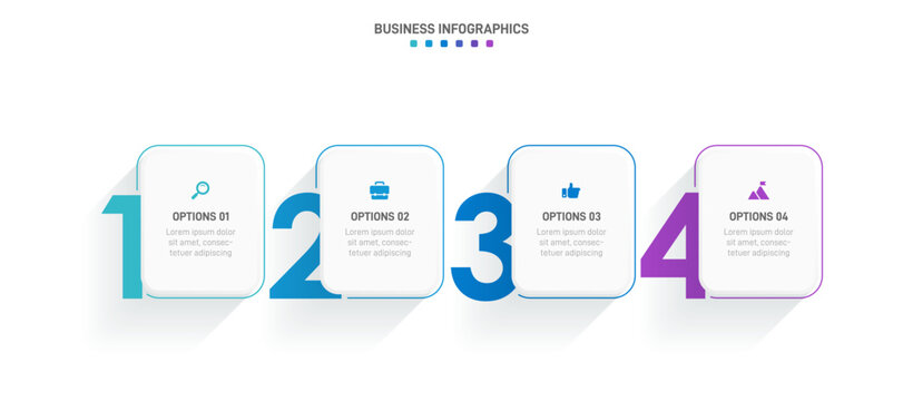 Timeline infographic with infochart. Modern presentation template with 4 spets for business process. Website template on white background for concept modern design. Horizontal layout.