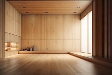 Illustration of an Empty Wooden Room with a Simple Bench. Generative AI
