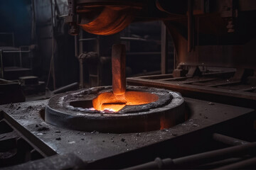 Molten metal is poured into a mold , where it solidifies into shape. Generative AI.