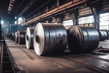 Roll of steel sheet in factory. Generative AI.