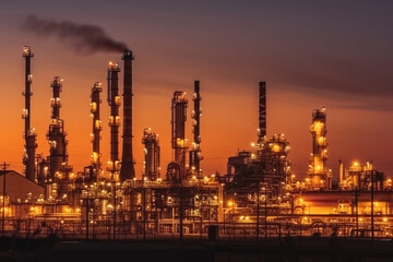 Obraz na płótnie Canvas Petrochemical industry at sunset, smoke visible. Generative AI.