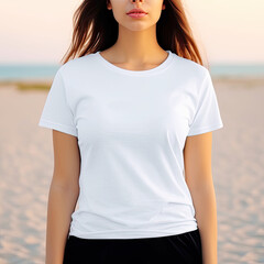 blank white T-shirt, sales mock up, woman, wearing white T-shirt at beach, generative AI  finalized in Photoshop by me