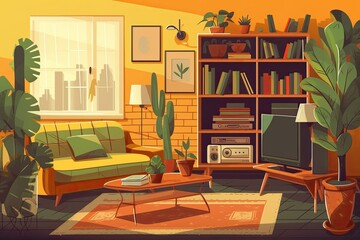lush indoor jungle in a cozy living room. Generative AI