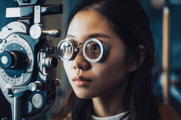 Asian woman doing eye test in clinic. Generative AI.
