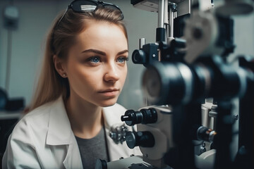 Doctor inspecting a patient in ophthalmology labor. Generative AI.