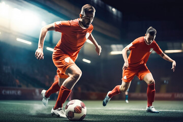 Naklejka premium Two football players dribbling a ball during match in the stadium. Generative AI.