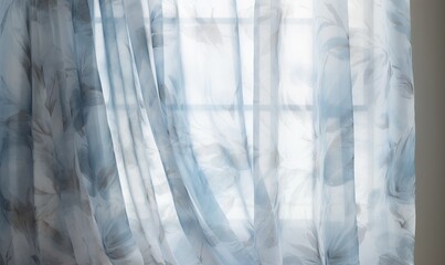  a window with a white curtain and a blue curtain behind it.  generative ai