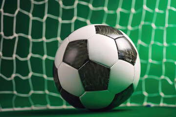 Fototapeta na wymiar Soccer ball in goal with green background. Generative AI.