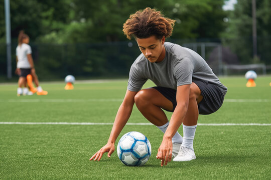 Soccer player practicing ball control. Generative AI.